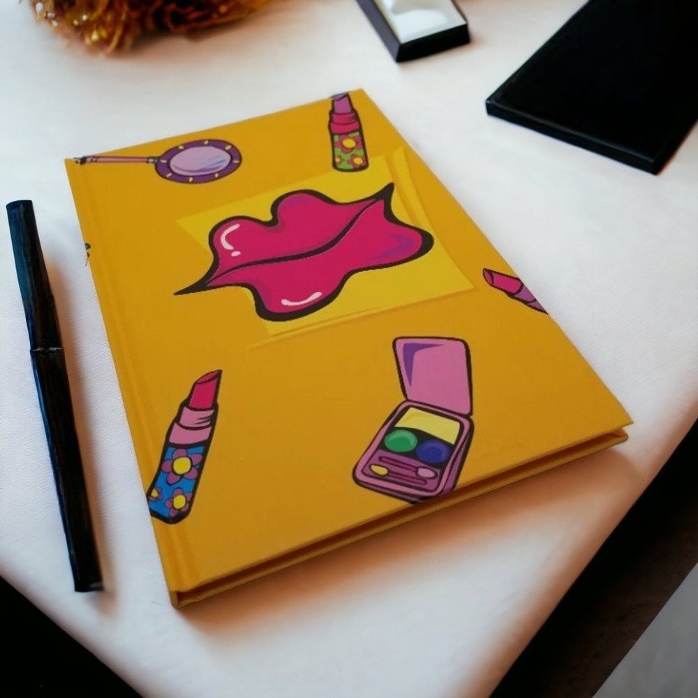 Journal Sheet Book Make up Beauty Mirror Lipstick Yellow Notebook Home Office